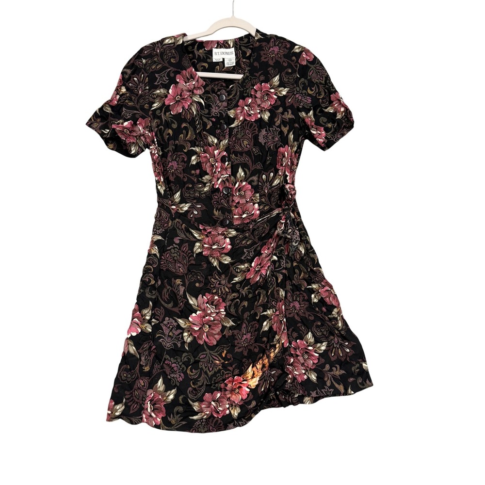 B.T. Express Romper Juniors 5/6 Black Floral Short Sleeve Button Front Tie Waist